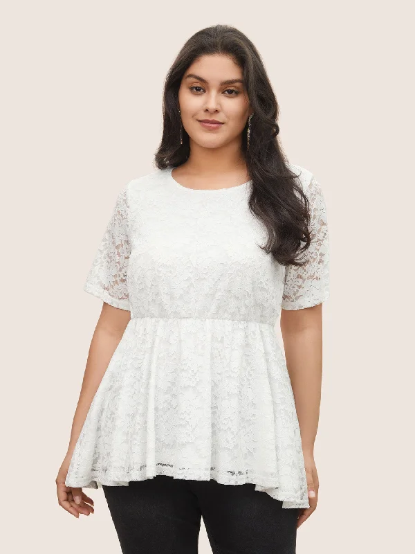 Solid Lace Panel High Low Hem Blouse