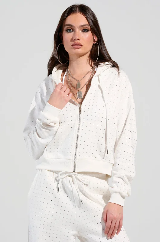 BUBBLES RHINESTONE EMBELLISHED ZIP UP SWEATSHIRT IN WHITE