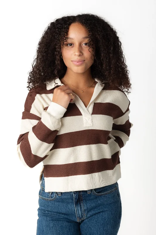 Mari Wide Stripe Collared Knit Top