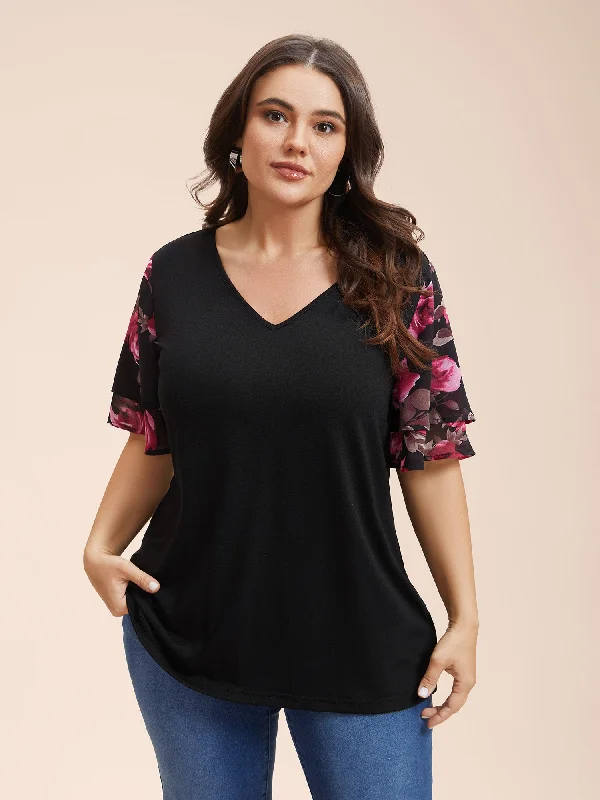 Stretchy Floral Lotus Sleeve V-Neck T-Shirt