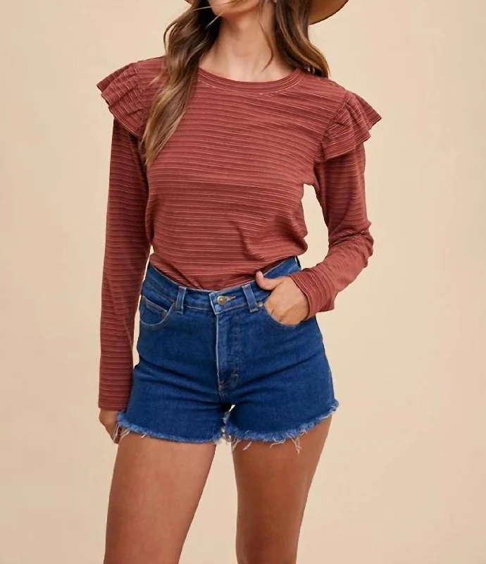 Soft Touch Striped Ruffle Shoulder Top In Brick Red