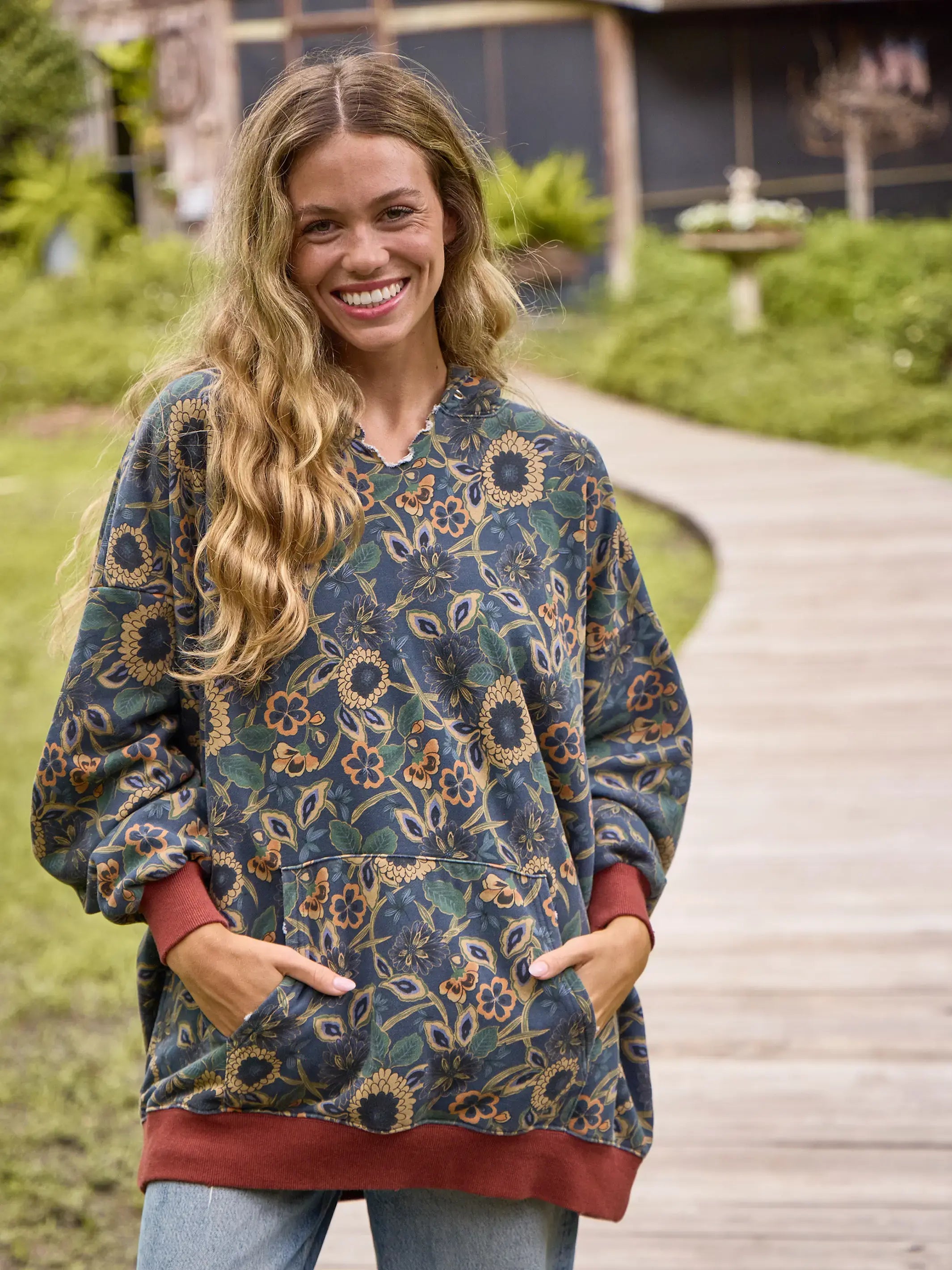 Oversized Printed Hoodie - Navy Tan Dahlias