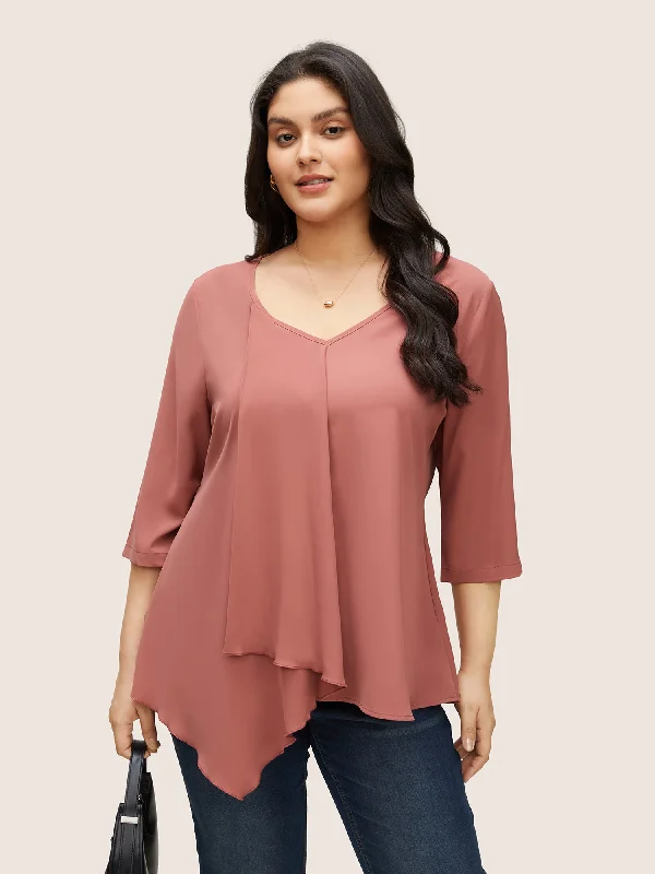 Static-Free Plain Asymmetrical Hem Patchwork Blouse