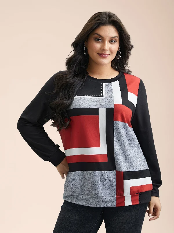 Geometric Print Round Neck Fitted Sweatshirt