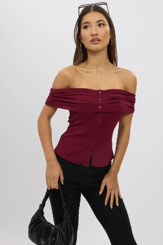 Red Off Shoulder Top Rib