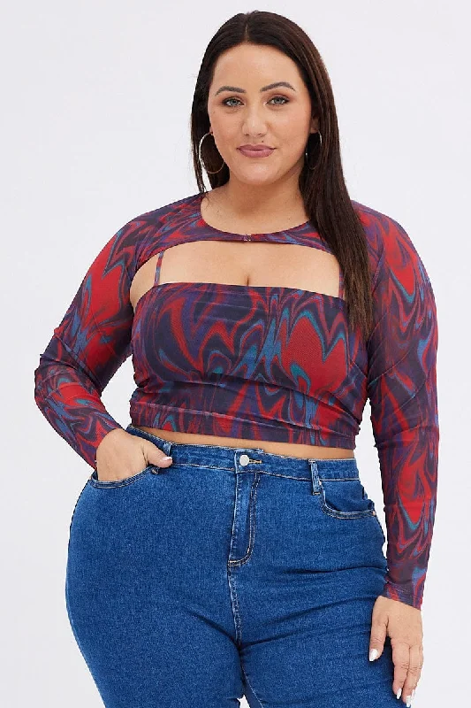 Red Abstract Mesh Top With Shrug