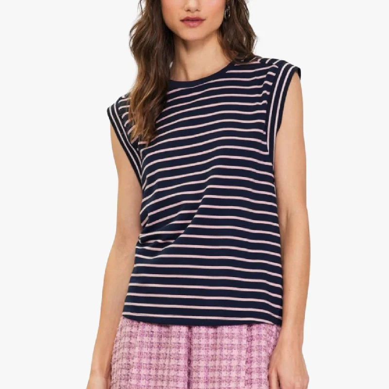 Striped Sleeveless Rib Top (Navy + Pink)