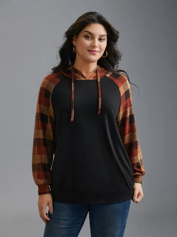 Plaid Colorblock Contrast Hooded Drawstring Sweatshirt