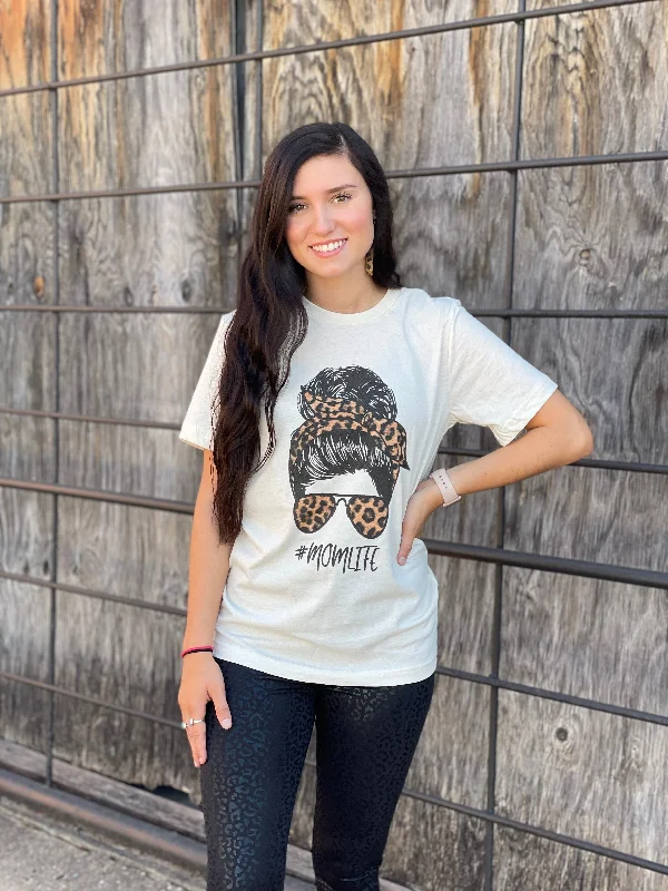 Leopard Messy Bun Mom Life Graphic Tee