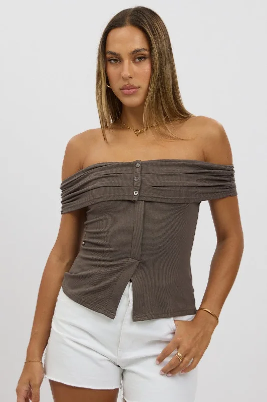 Grey Off Shoulder Top Rib