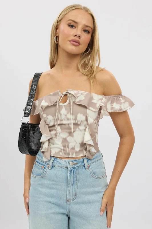 Beige Abstract Frilled Top Sleeveless Off Shoulder Chiffon