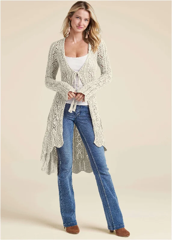 Long Tie Front Crochet Cardigan - Cream