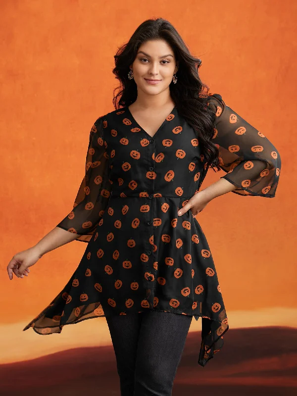 Pumpkin Asymmetrical Hem Mesh Blouse