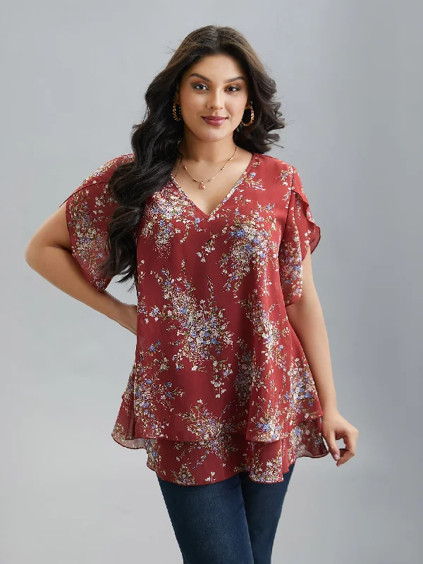 Floral Print Petal Sleeve Layered Blouse