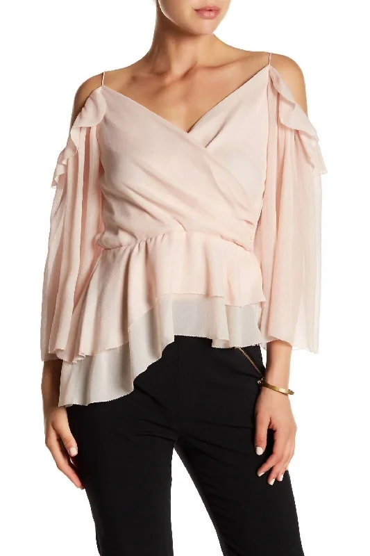 Silk Ruffle Blush Off Shoulder Top In Pink