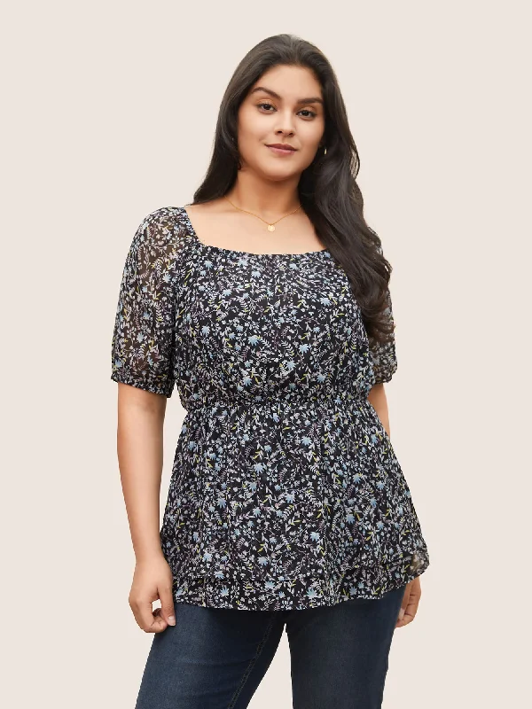 Ditsy Floral Mesh Square Neck Layered Hem Blouse