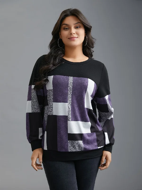 Crew Neck Geometric Patchwork Sweatshirt