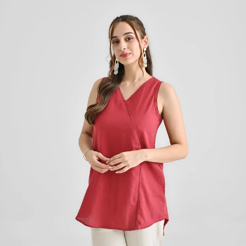 Maroon Linen Cotton Sleeveless Tunic with Lace Detail