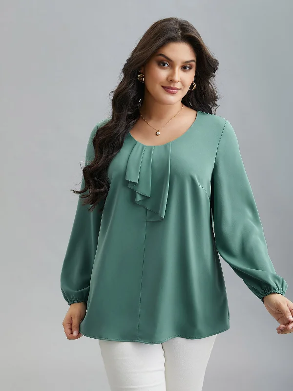 Ruffle Frill Trim Plain Lantern Sleeve Blouse