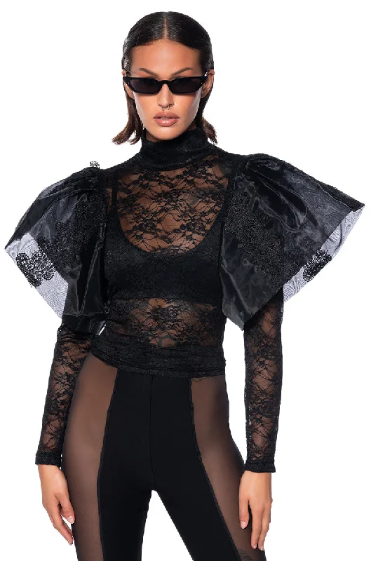 ELEVATE MY MIND FLOUNCE TULLE SHOULDER BLOUSE