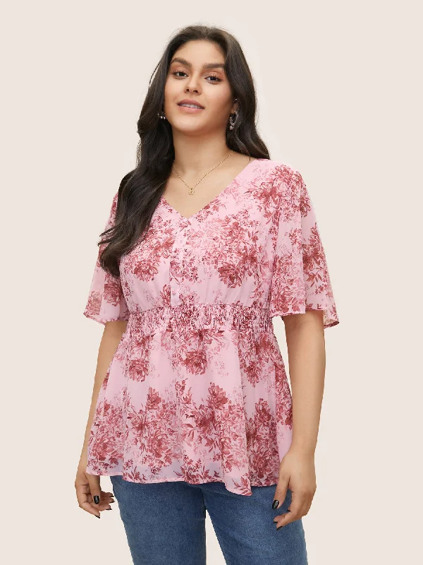 Chiffon Floral Shirred Elastic Waist Blouse