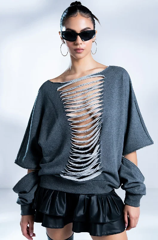 SPOTLIGHT SHREDDED ZIP SLEEVE SWEATSHIRT