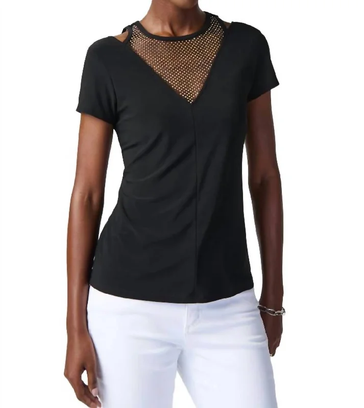 Silky Knit Rhinestone Mesh Top In Black