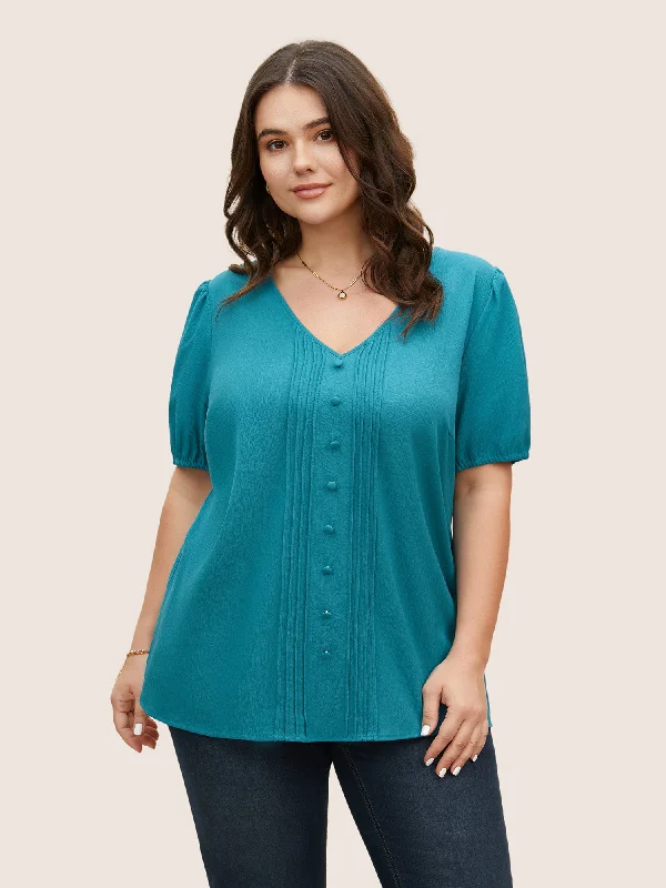 V Neck Button Detail Pleated Split Hem Blouse