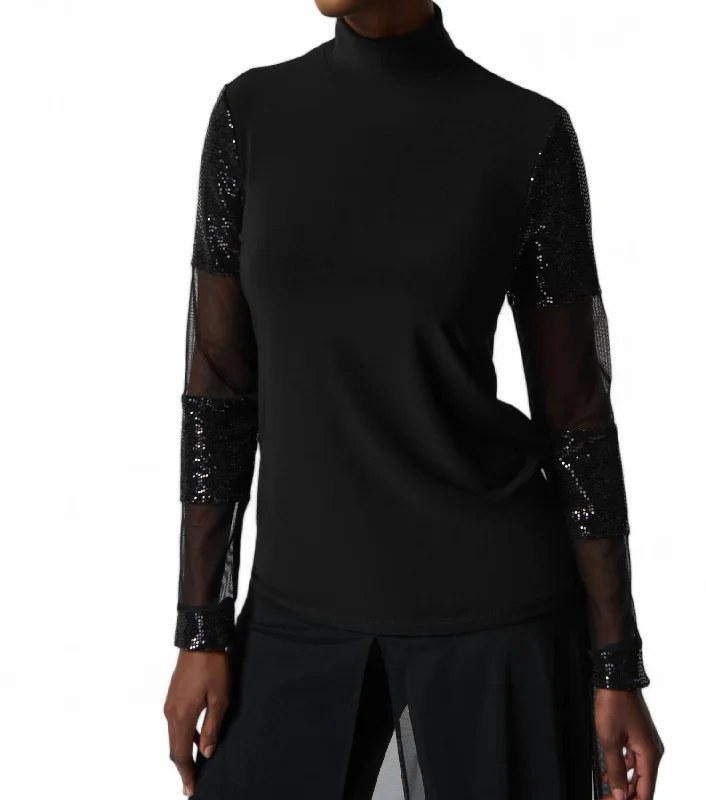 Sequin & Mesh Top In Black