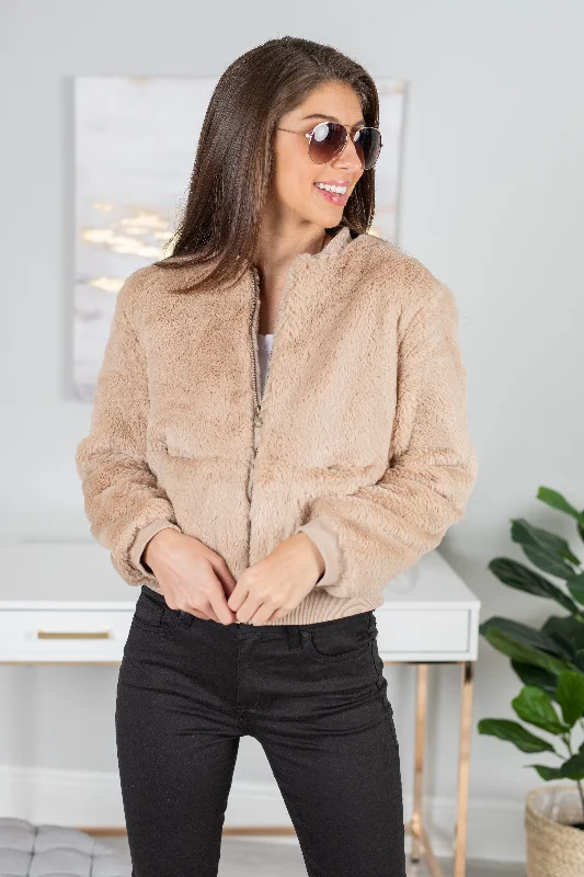 On Tempo Taupe Brown Faux Fur Bomber Jacket