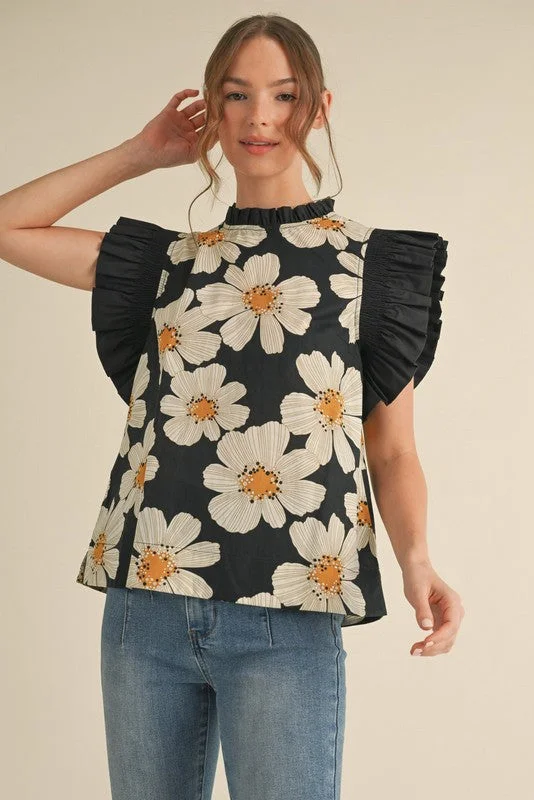 Flower Print Ruffly Shoulder Top