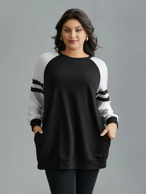 Color Block Raglan Sleeve Stretchy Sweatshirt