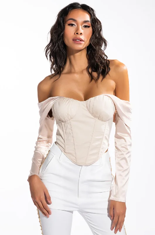 IF YOU LOVE ME SAY SO OFF THE SHOULDER POPLIN CORSET BLOUSE