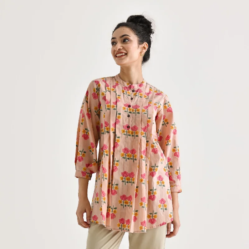 Baby Pink Floral Printed Cotton Tunic with Pintuck & Button Details