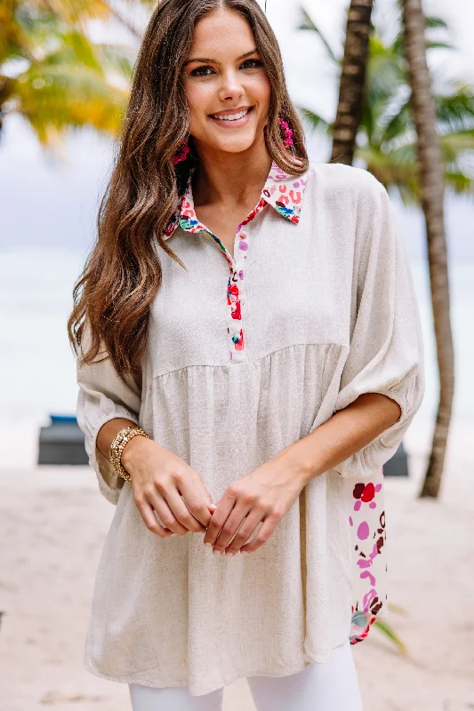 Think It Over Oatmeal White Floral Tunic