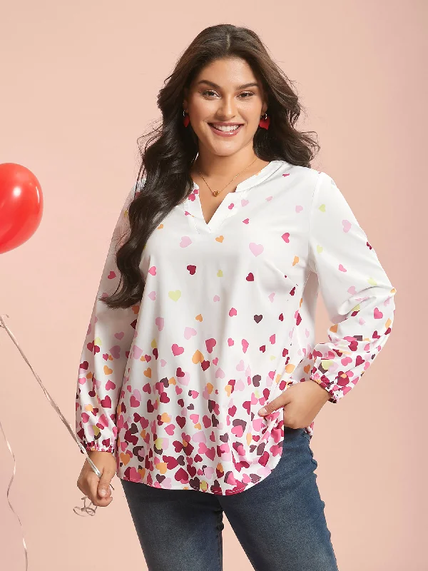 Notched Collar Multi-Color Hearts Blouse