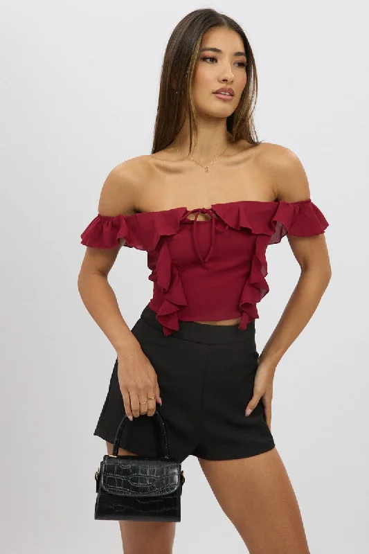 Red Frilled Top Sleeveless Off Shoulder Chiffon