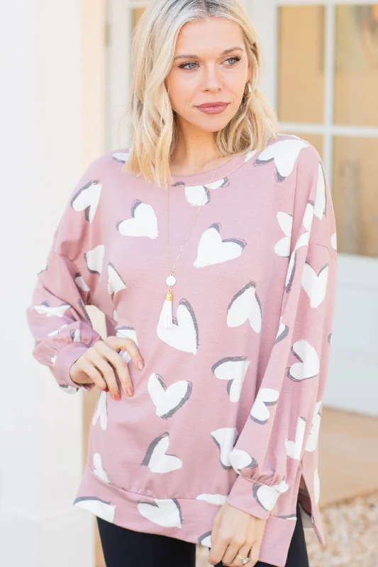 All For Your Love Rose Pink Heart Print Pullover