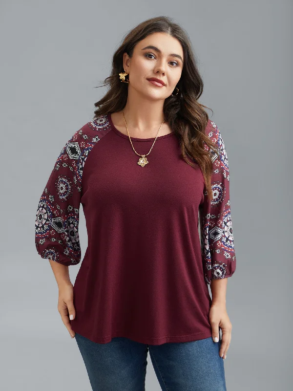 Boho Print Sleeve Round Neck T-Shirt