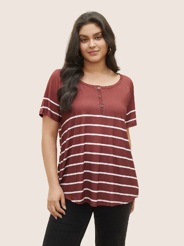 Striped Print Raglan Sleeve Button Up T-shirt