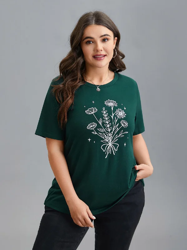 Floral Motif Round Neck Fitted T-Shirt