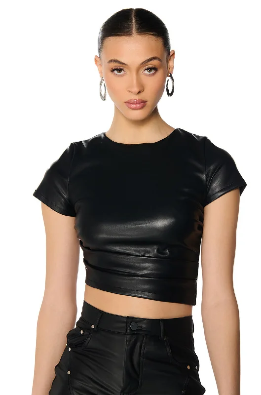 VALENTINA SHORT SLEEVE FAUX LEATHER CROP SHIRT