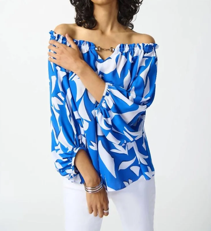 Georgette Abstract Print Off-The-Shoulder Top In Blue/vanilla