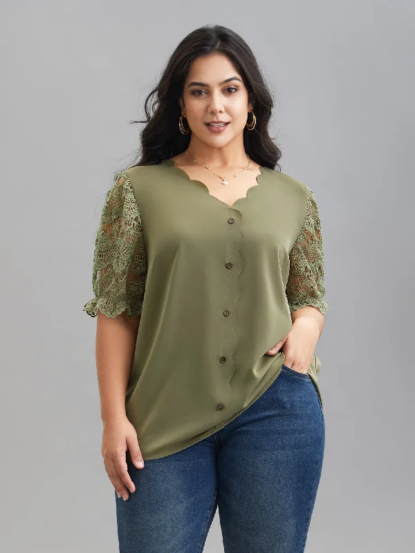 Lace Patchwork Scalloped Neck Front-Placket Blouse