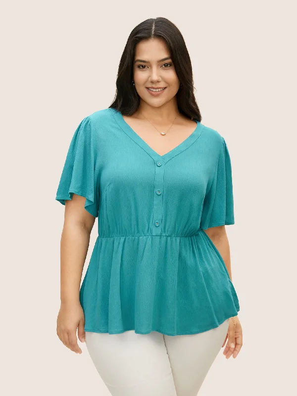 Rayon Button Detail Ruffle Sleeve Blouse