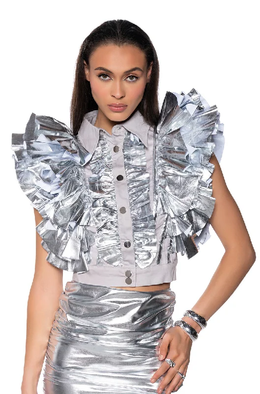 GREATEST SHOW METALLIC RUFFLE BUTTON DOWN BLOUSE