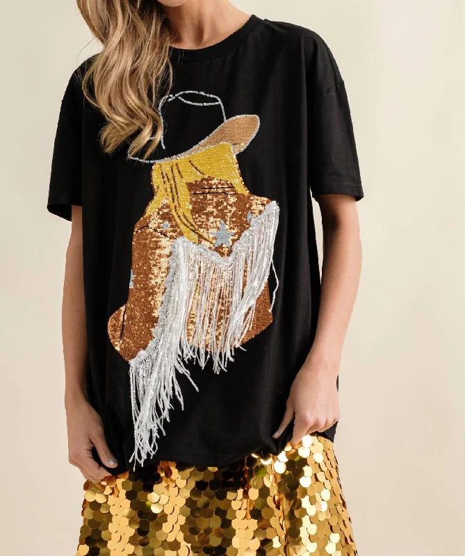 Sequin Cow Girl Graphic Tee In Black Gold