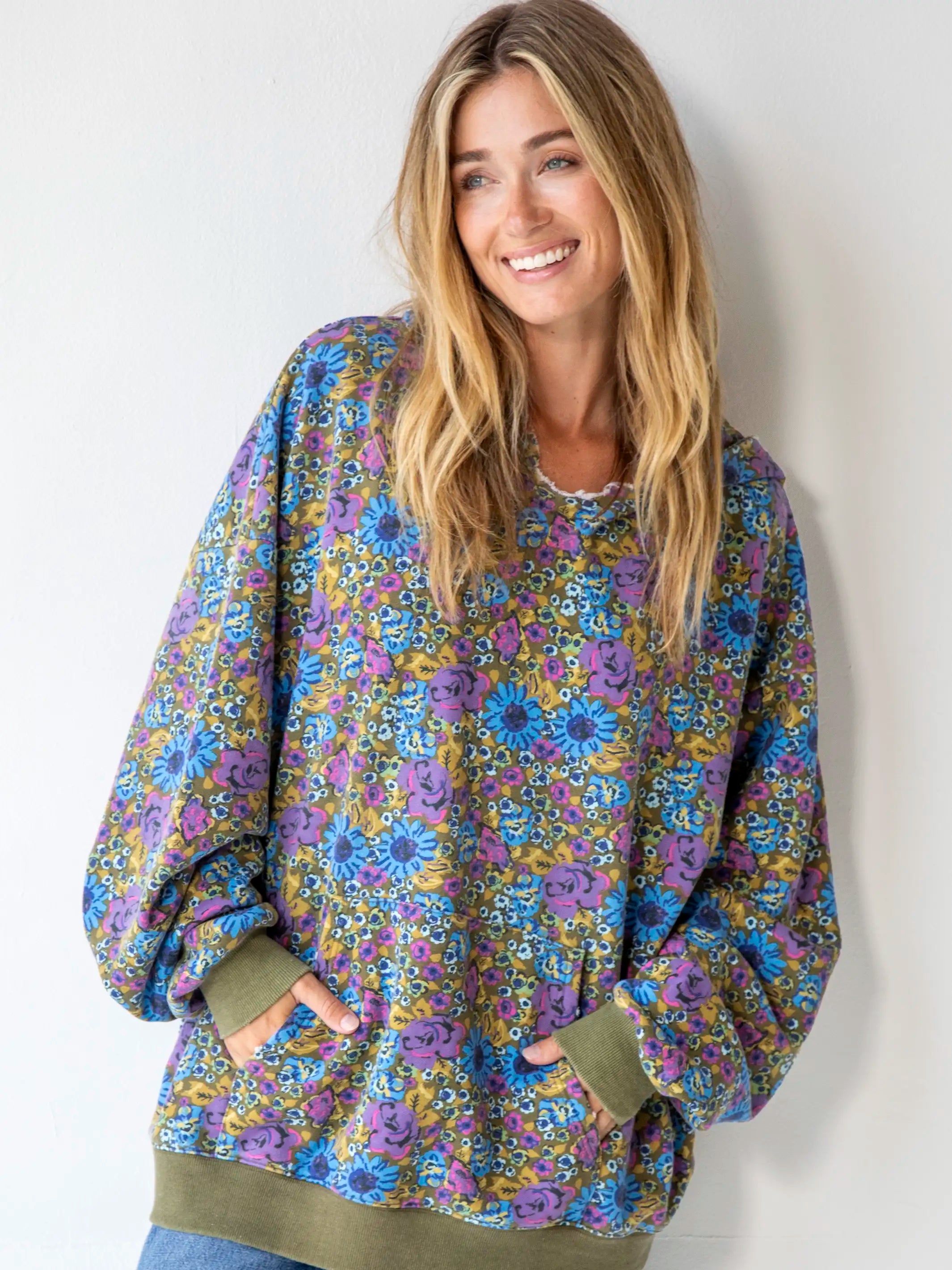 Oversized Printed Hoodie - Blue Purple Daisy